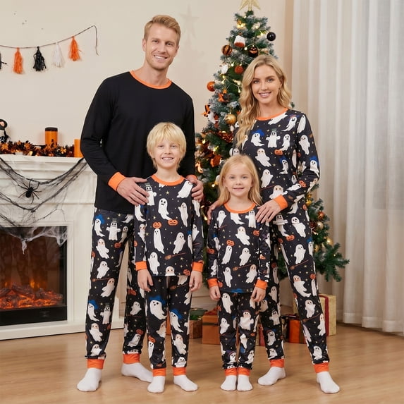 Halloween Family Pajamas Matching Set Long Sleeve O Neck Tops Ghost Print Pants Sleepwear