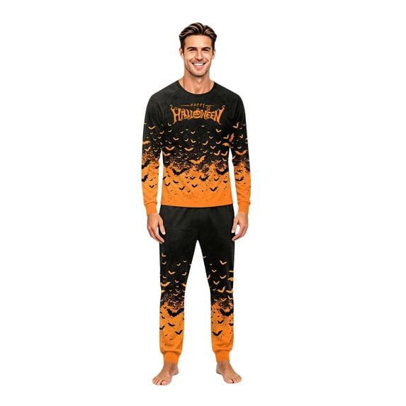 Halloween Family Pajamas Matching Set Long Sleeve O Neck Tops Pullover Sleepwear Trousers Matching Family Outfits for Casual Wear Black & Orange Dad/M