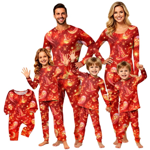 Halloween Family Pajamas Set Long Sleeve Crew Neck, Soft Matching Halloween Pajamas with Flame Ghost Witch Hat Print, Hot Family Halloween Pajama Set Sleepwear