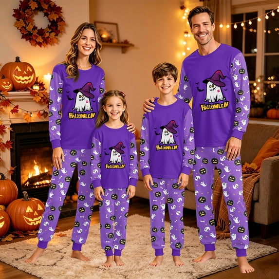 Halloween Family Sleepwear, Halloween Pajamas, Family Matching Pajamas, Halloween Family Pajamas Purple Cute Ghost With Witch Hat Long Sleeve Pants Set for Holiday Celebration, Women XXXL