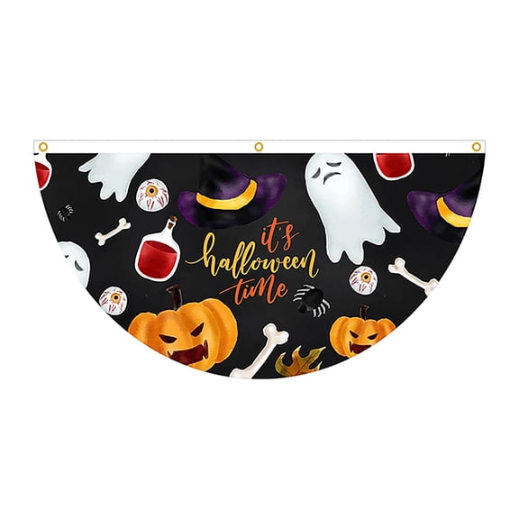 Halloween Fan Bunting Banner, 35.4" x 17.7" Half Fan Shape Halloween Bunting Flag, Ghost Pumpkin Witch Pattern Balcony Railing Window Decorative Flag for Front Porch Yard Home Party Supplies