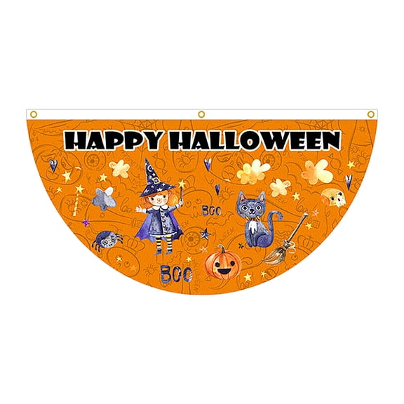 Halloween Fan Bunting Banner, 35.4" x 17.7" Half Fan Shape Halloween Bunting Flag, Ghost Pumpkin Witch Pattern Balcony Railing Window Decorative Flag for Front Porch Yard Home Party Supplies