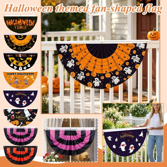 Halloween Fan Shaped Bunting Flag, Half Moon Scalloped Decorative Pennant, Witch Bat Pattern Outdoor Balcony Railing Hanging Banner for Adult Backyard Porch Front Door Halloween Party Holiday Decor