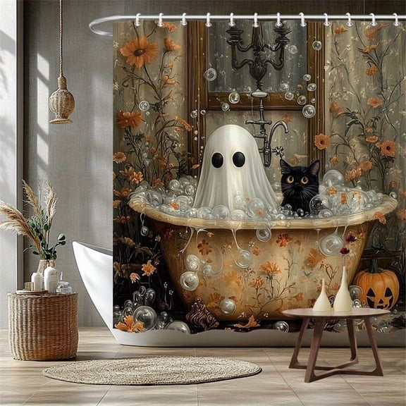 Halloween Fantasy Clawfoot Bathtub Polyester Shower Curtain - 1pc Black Cat, Ghost, Bubbles, Autumn Orange Flowers, Vintage Window with Chandelier, Pumpkin Accents, 72x72 inch
