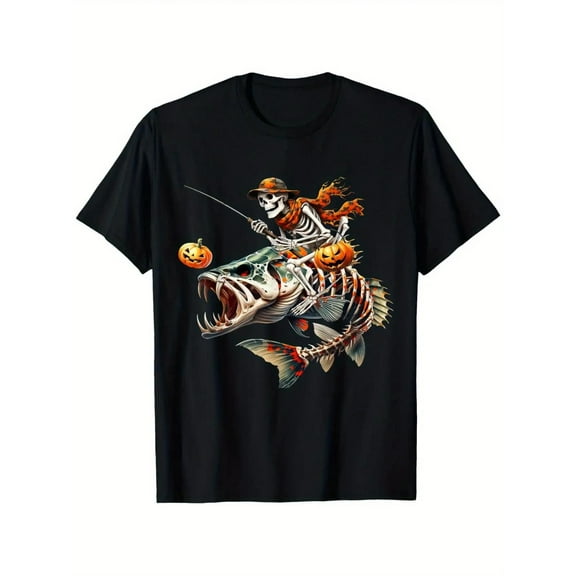 Halloween Fantasy - Goofy Tee. Features Skeleton - Riding - Monster - Fish & Pumpkin Elements. Ideal for Halloween Enthusiasts & Quirky Style Lovers.