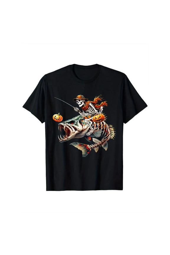 Halloween Fantasy - Goofy Tee. Features Skeleton - Riding - Monster - Fish & Pumpkin Elements. Ideal for Halloween Enthusiasts & Quirky Style Lovers.