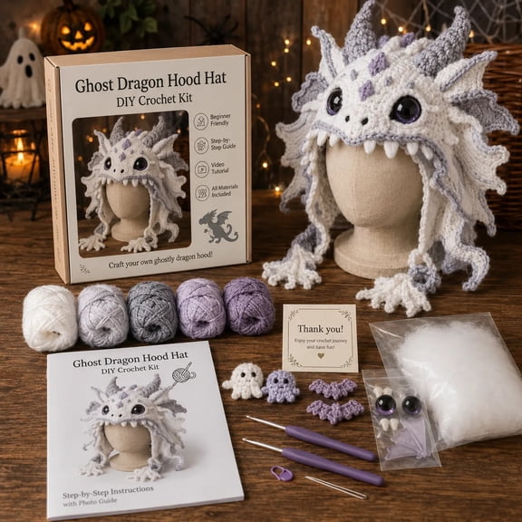 Halloween Fantasy Hood Hat Crochet Kit 22 Monster Designs Ghost Dragon Werewolf Skull, Spooky DIY Craft for Cosplay Costume