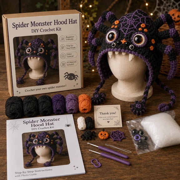 Halloween Fantasy Hood Hat Crochet Kit Beginner Friendly DIY Craft, Relaxing Crochet Project with Step-by-Step Guide for Adults