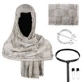 thumbnail image 1 of Halloween Fantasy Shawl, Distressed Medieval Hooded Shawl Accessory Kit, Crinkled Renaissance Cosplay Head Wrap With Viking Pin Leather Belt for Halloween Larp Warrior Costume, Gray One Size, 1 of 3
