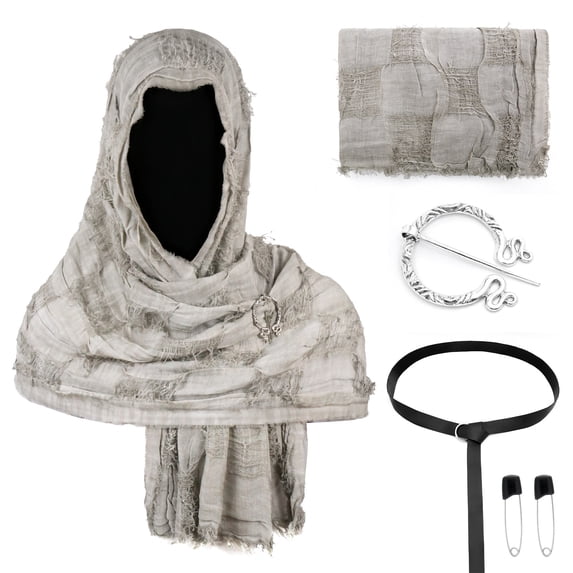 Halloween Fantasy Shawl, Distressed Medieval Hooded Shawl Accessory Kit, Crinkled Renaissance Cosplay Head Wrap With Viking Pin Leather Belt for Halloween Larp Warrior Costume, Gray One Size