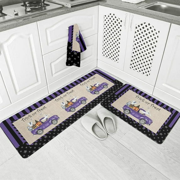 Halloween Farm Truck Kitchen Floor Mats, Pumpkins Ghost on Cars 2 PCS Anti Fatigue Area Runner Rugs Set Stars Stripes Purple Non-Slip Bathroom Comfort Standing Mat Home Decor