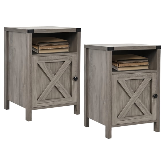 Halloween Farmhouse Nightstand, Side Table, End Table With Barn Door And Shelf, Rustic Modern Bed Night Stand For Bedroom, Living Room, Nightstand, Navy Blue/Grey/White/Oak/Dark Rustic Grey Christmas