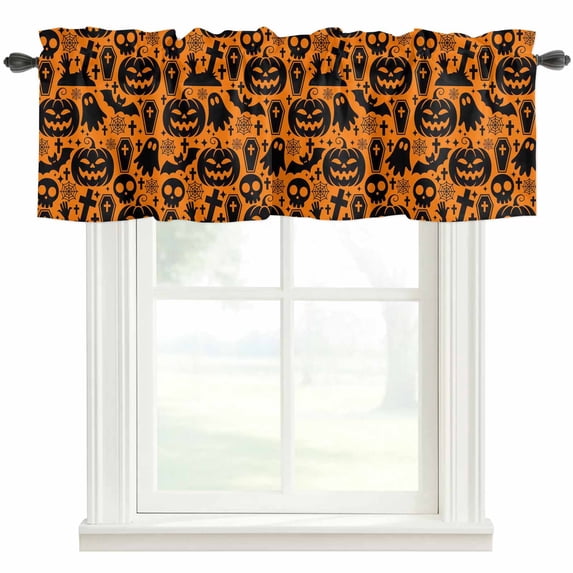 Halloween Farmhouse Short Window Curtain Valances, Spooky Pumpkin Fall Horror Skull Bones Ghost Rod Pocket Kitchen Valances for Living Room Bedroom Bathroom Cafe 42" x 18"