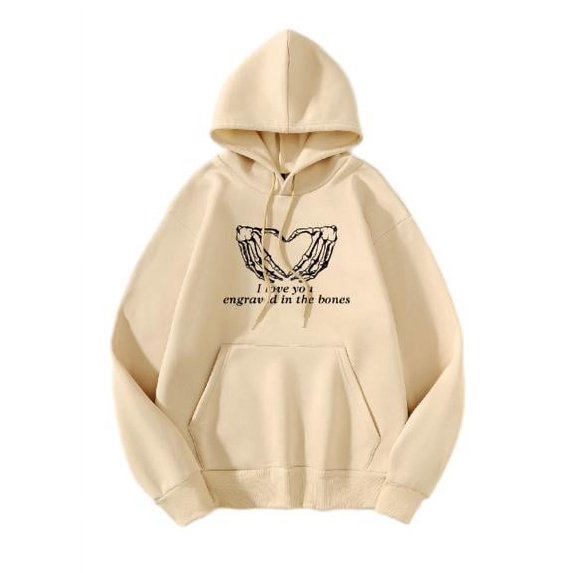 Halloween Fashion Trend Hand Bone Fleece Skull Hooded Sweatshirt Apricot top L