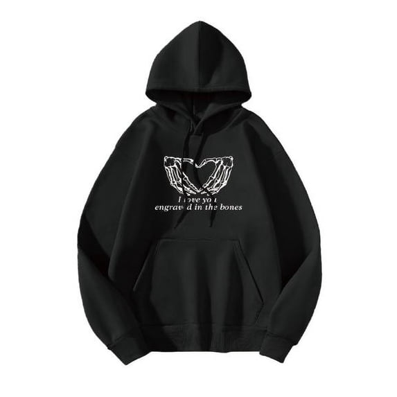 Halloween Fashion Trend Hand Bone Fleece Skull Hooded Sweatshirt Black top L