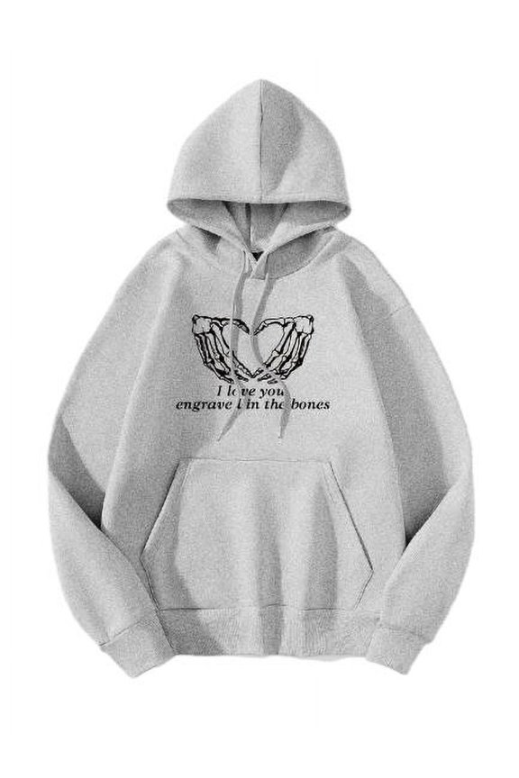 Halloween Fashion Trend Hand Bone Fleece Skull Hooded Sweatshirt Gray top M