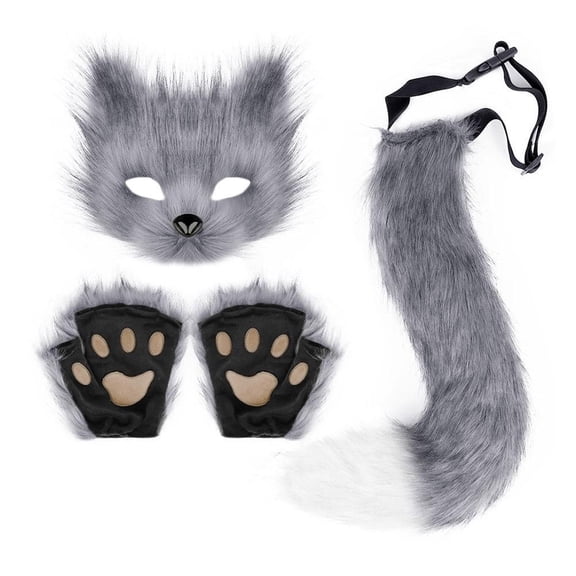 Halloween Faux Fur Animal Mask, Wolf Paw Gloves & Tail Set, Cosplay Costume Accessories for Women