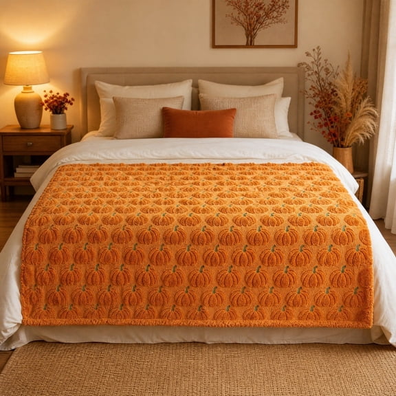 Halloween Faux Fur Throw Blanket with Cute Embroidery, 60x68 Soft Plush Tufted Pumpkin Blankets for Sofa Couch Bed, Soft Plush Fall Home Decor Accent