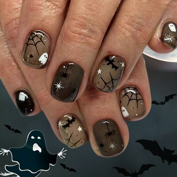 Halloween Faux Nails 24PCS Dark Cobweb Glittering Ghosty And Skeletons Easy Application For Parties