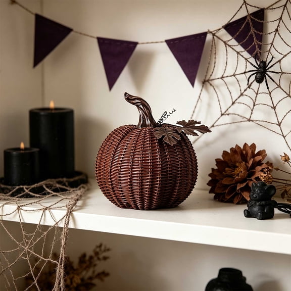 Halloween Faux Rattan Weave Resin Pumpkin Ornament, Vintage Decor With Maple Leaf Accent for Mantel Fall Thanksgiving Home Party Display