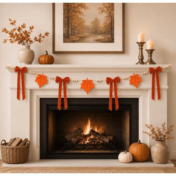 Halloween Felt Garland Banner, Wooden Bead with Bow and Maple Leaf String for Indoor Wall Party Decoration, 6 Ft
