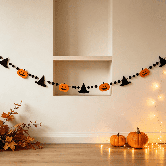Halloween Felt Garland with Pumpkin Witch Hat and Black Pom Poms, Hanging Ornament for Fireplace Mantel Wall Home Fall Holiday Decoration