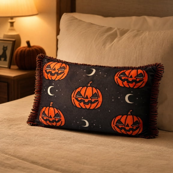 Halloween Festive Pumpkin Pillow, 40×20cm Soft Breathable Microfiber Pillow, Halloween Spooky Patterned Pillow, Suitable for All Halloween Pillows