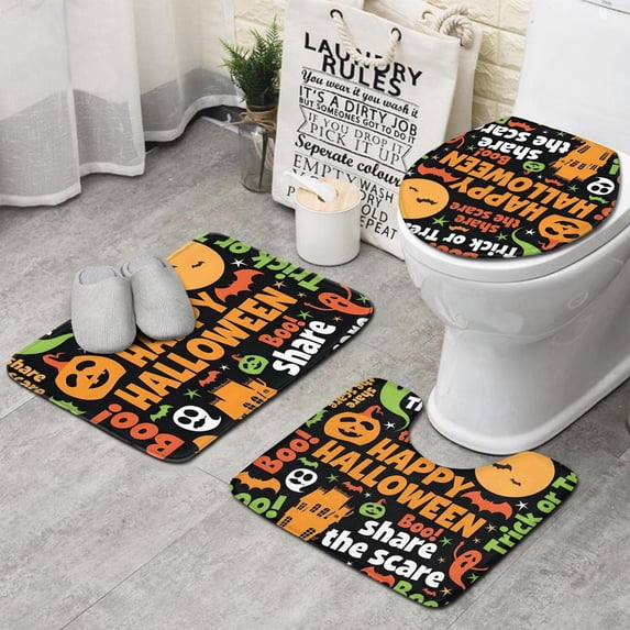 Halloween Festive Text Pattern Bathroom Rugs Sets 3 Piece,Toilet Cover Set,Absorbent Non Slip Bathroom Mats Sets with U-Shaped Contour Rug Toilet Rug Set