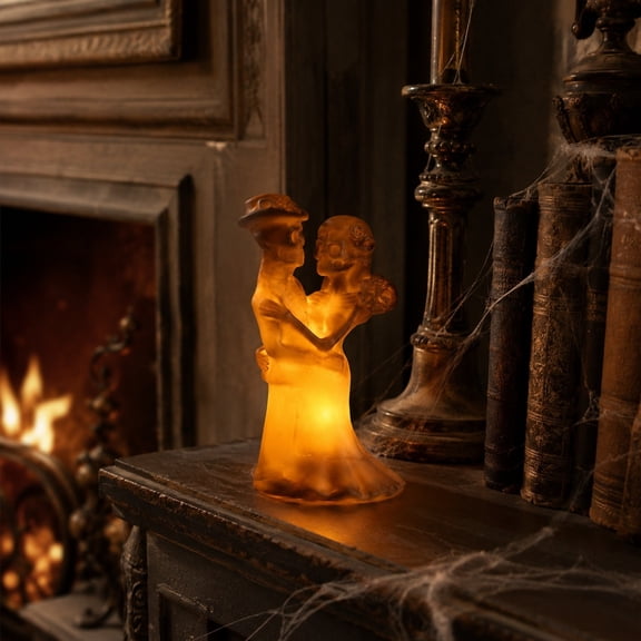 Halloween Figurine, Flameless LED Skeleton Bride & Groom Couple Candle Light, Battery Operated Skull Wedding Figurine Lamp, Spooky Warm Glow Tabletop Decor for Halloween Party Holiday Display Gift