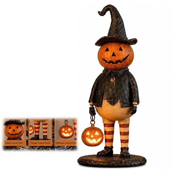 Halloween Figurines, Resin Pumpkin Witch Lantern Statue With Glowing Hat and Staff, Hand‑Painted Vintage Gothic LED Lamp, Indoor Tabletop Porch Holiday Decor and Gift