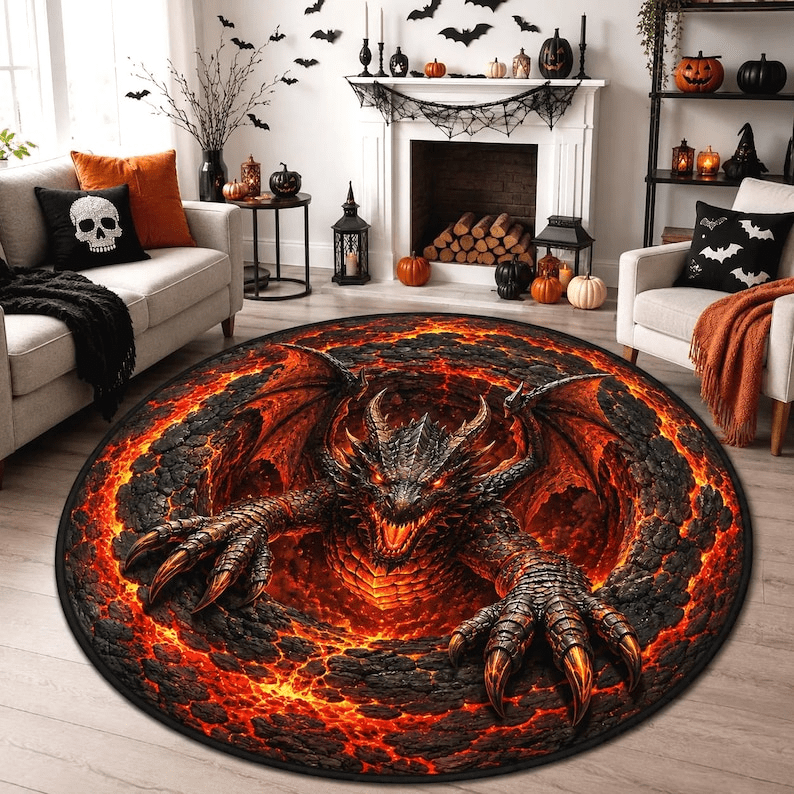 Dragor Rug Halloween Fire Dragon Round Rug with Lava and Dark Fantasy Design ...