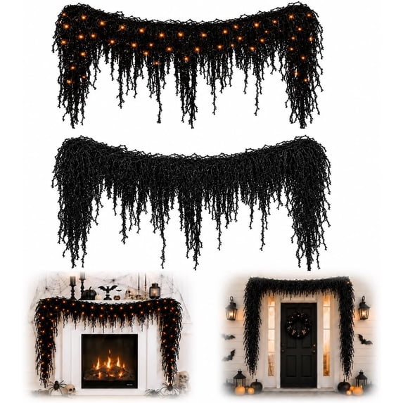 Halloween Fireplace Decor Set with LED Lights Black Vine Garland for Mantel | Pre-Lit Black Creepy Garland, Hanging Decor for Door Frame Window Wall Party Backdrop Halloween Decorations