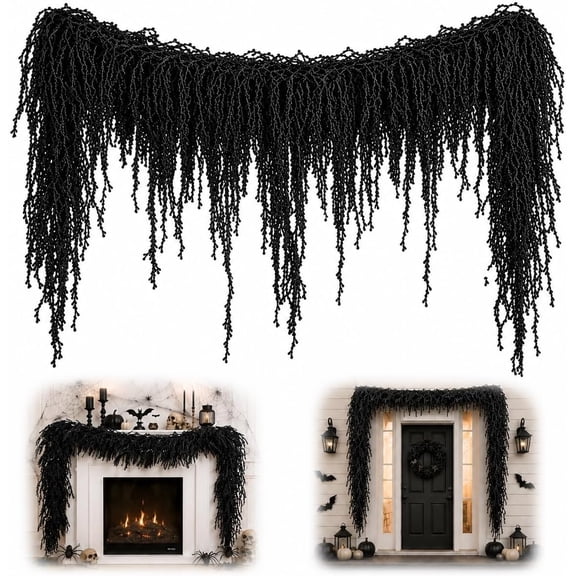 Halloween Fireplace Decor Set with LED Lights Black Vine Garland for Mantel | Pre-Lit Black Creepy Garland, Hanging Decor for Door Frame Window Wall Party Backdrop Halloween Decorations