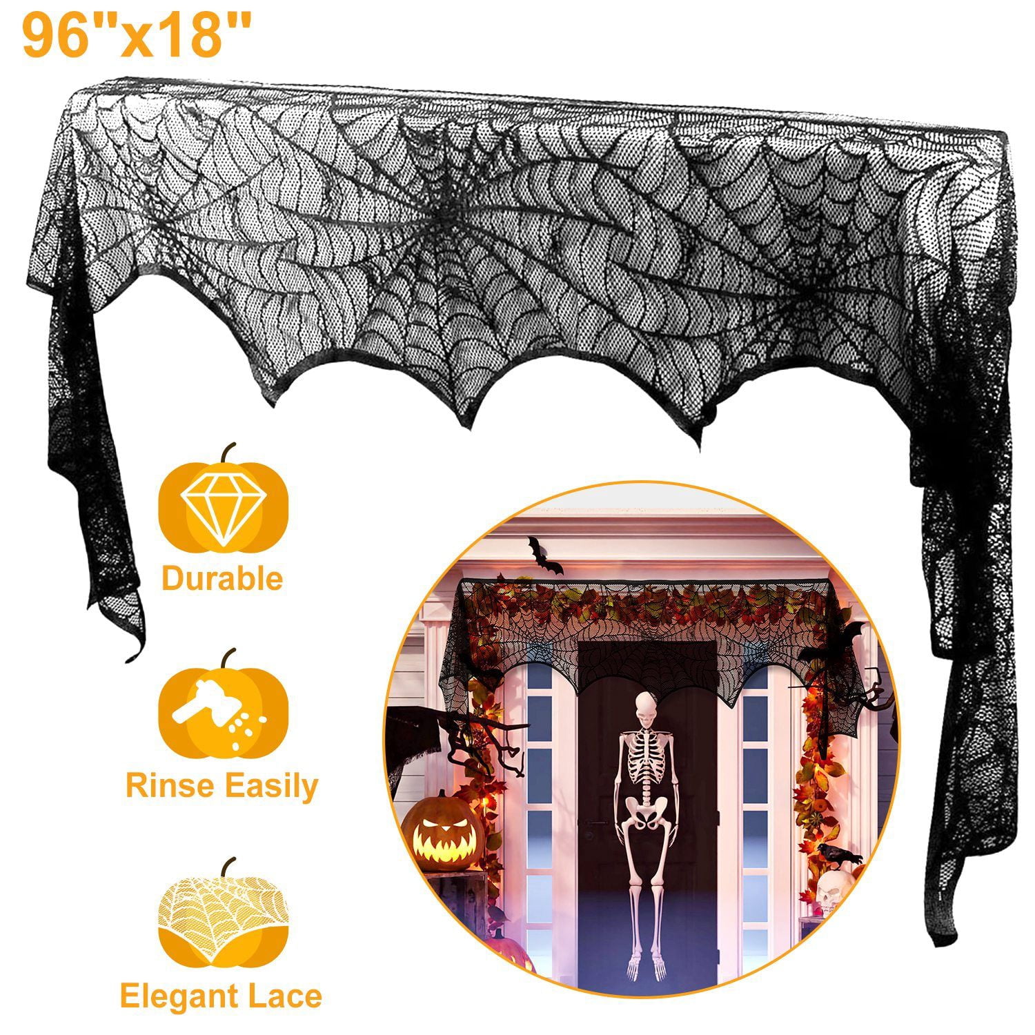 Halloween Fireplace Mantle Scarf, 96x18 Inch Black Lace Scarf with Spider Web, Bat & Spider Design, Lightweight Durable - Ideal for Haunted House, Party, Window, Dining Table Decor