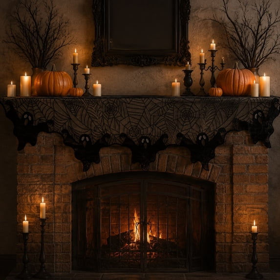 Halloween Fireplace Scarf, Black Lace Mantel Tablecloth, Spooky Spiderweb Ghost Decor For Halloween Party Home Decoration (Design B)