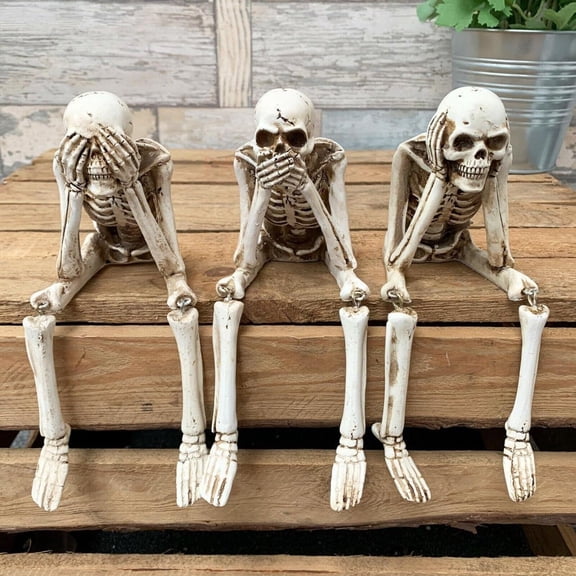 Halloween Fireplace Simulation Skull Combination,Horror Skeleton Statues Resin Decor,See/Hear/Speak No Evil Collectible,Creative Courtyard Atmosphere Decorative Ornaments Crafts Model(3pcs)