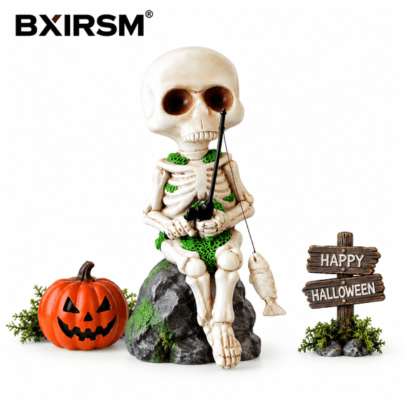 Halloween Fishing Skeleton Figurine,Skeleton Fishing Rod & Skeleton Fisherman Decor with Fish for Halloween Party,Haunted House,Yard Pond Porch