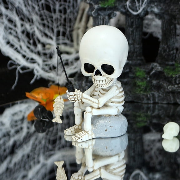 Halloween Fishing Skeleton Resin Figurine Bobble Head Skull Statue with Fishing Rod Cute Spooky Ornament for Desk Shelf Patio Garden Decor