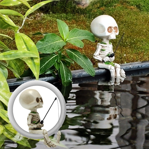 Halloween Fishing Skeleton Resin Sitting Ornaments, Rvkxad Hand-Painted Skull Statue, 4-Inch Mini Pond Decoration for Indoor Outdoor Garden Yard