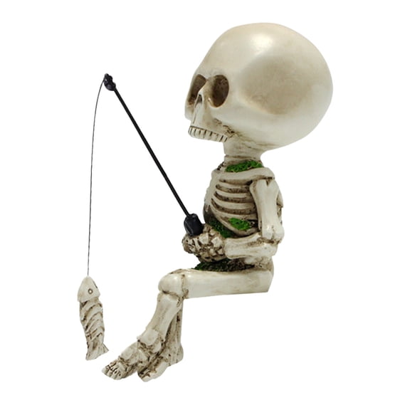 Halloween Fishing Skeleton Statue, 4.5" Cute Sitting Fishman Skeleton Resin Figurine for Outdoor Garden Yard Party Pond Fountain Decor