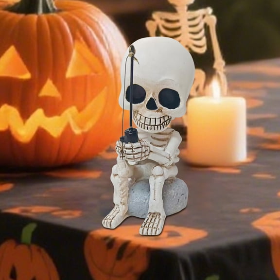 Halloween Fishing Skeleton Statue Decorations 4.3 Inch Cute Sitting Skull Figurine Shelf Sitter Resin Sculpture For Outdoor Garden Yard Lawn Pond Waterfalls Pool Ornaments