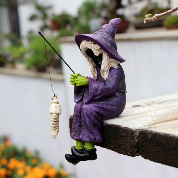 Halloween Fishing Witch Ornament,Halloween Fisherman Sculpture,Funny Faceless Fishing Witch Statue,Mini Resin Halloween Weather Resistant Cute Witch Decor for Garden, Pond, Shelf 1