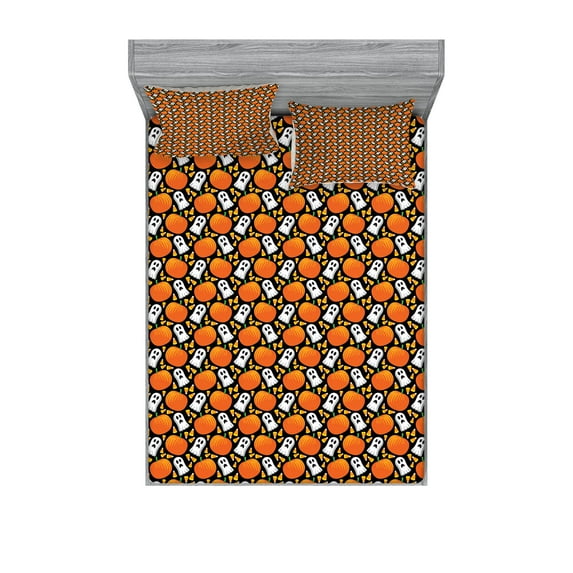 Halloween Fitted Sheet & Pillow Sham Set, Repetitive Spooky Elements Ghost and Pumpkins, Decorative Printed 6 Piece Bedding Decor Set, Queen, Marigold Fern Green, by Ambesonne