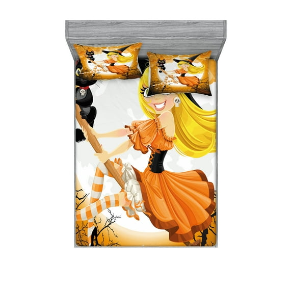 Halloween Fitted Sheet & Pillow Sham Set, Witch on a Broom Kitten and Moonlight Themed Colors October, Decorative Printed 6 Piece Bedding Decor Set, Queen, Multicolor, by Ambesonne