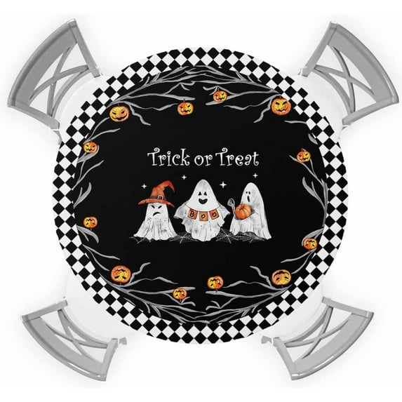 Halloween Fitted Tablecloth for Round Table,Trick Or Treat Quotes Table Cover with Elastic Edge Waterproof Table Cloth,Pumpkin Ghost Face Black White Plaid Table Covers for Kitchen Indoor 36-44in