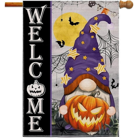 Halloween Flag 28 X 40 Double Sided Large Halloween Garden Flag Pumpkin Gnome Welcome House Flag for Outdoor Yard Outside, Farmhouse Pumpkin Garden Halloween Decor Welcome Sign