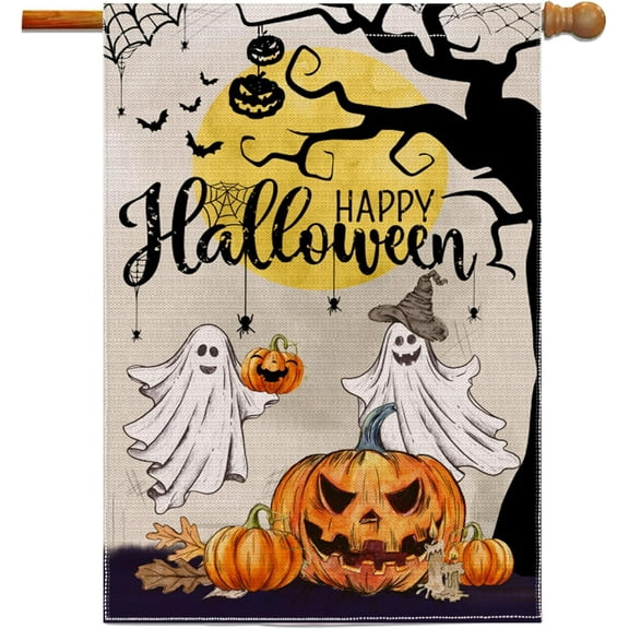 Halloween Flag 28x40 Double Sided, Ghost Happy Halloween House Flag, Burlap Signs Large Halloween Flags Decorations Outdoor For Home Banners Flags Farmhouse