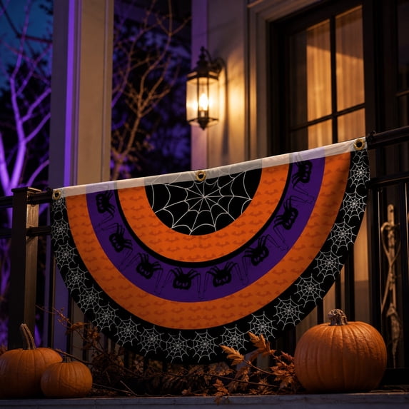 Halloween Flag,Halloween Garden Flag,Halloween Bunting Fan Flag Happy Halloween Half Fan Banner | Halloween Fan Bunting Ghost Pumpkin Half Fan Banner Decoration(Orange 47*24in)