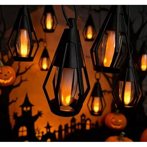 Halloween Flame String Lights 10 Pcs, LED Mini Lantern Outdoor Hanging Lights for Pumpkin House Courtyard Party Decor, Flickering Candlelight Effect
