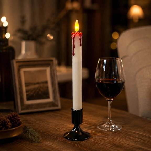Halloween Flameless Candle with Red Blood Drip Look, White Wax LED Pillar for Spooky Table Decor, Haunted House Party Prop 9.8 Inch